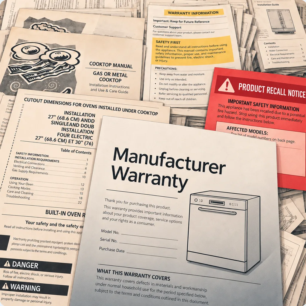 A pile of appliance manuals and warranty booklets, topped by a manufacturer warranty and a red product recall notice